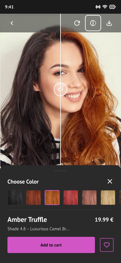 AR try-on — Amber Truffle previewed, with the drag-to-compare slider against the original colour