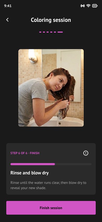 Guided session, final step — rinse until the water runs clear, then blow dry