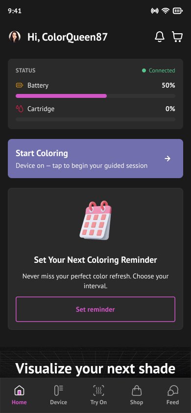 Home — device battery and cartridge status, start a guided session, and a prompt to set the next coloring reminder