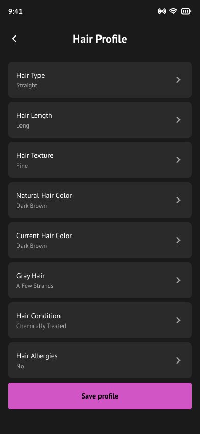 Hair profile review — type, length, texture, natural and current colour, gray, condition and allergies, ready to save