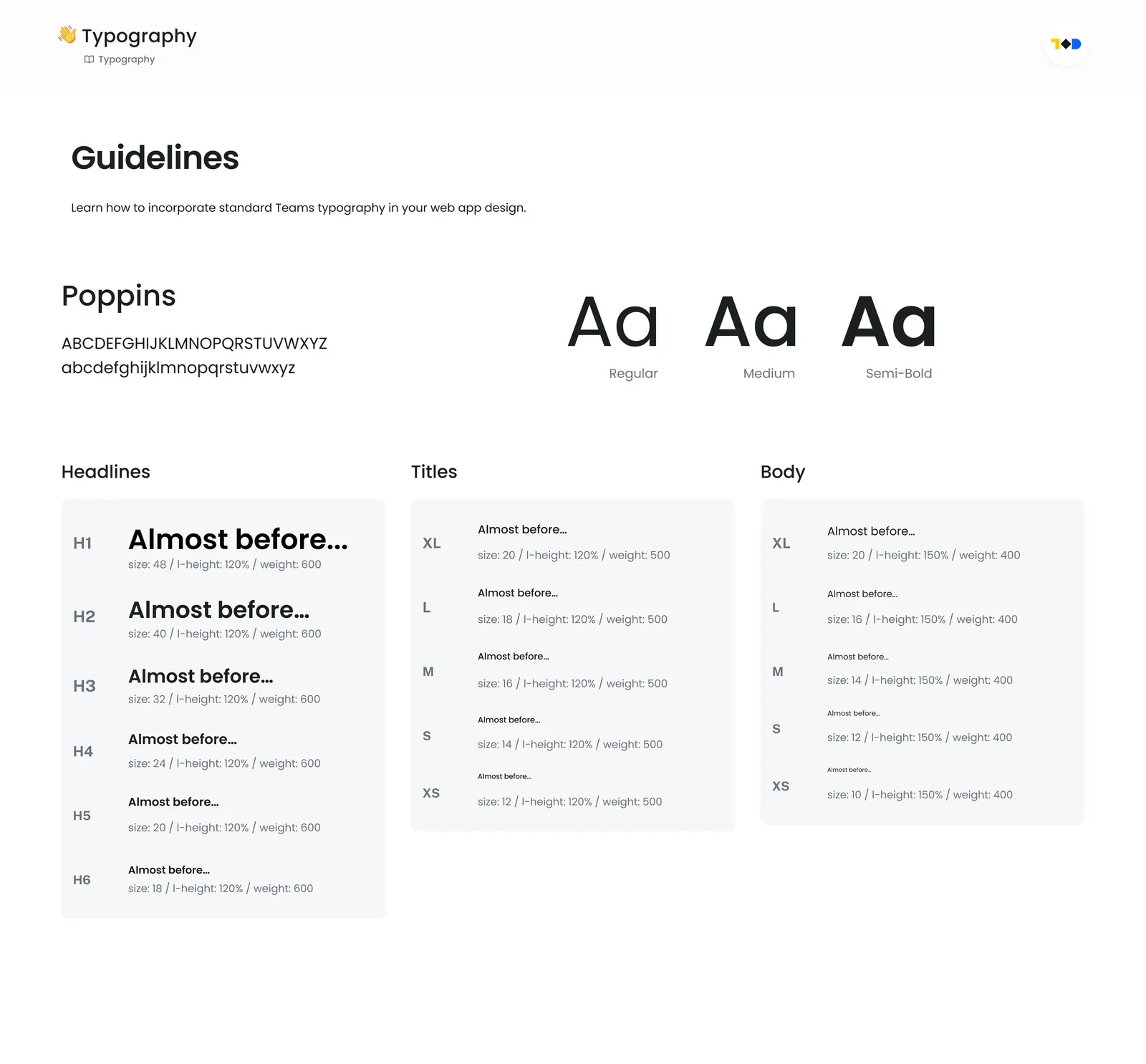 Typography guidelines — the type family with headline, title and body ramps specified by size, line-height and weight