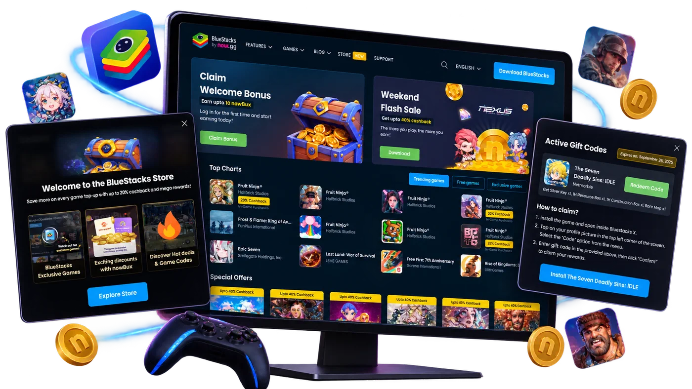 BlueStacks game storefront on a monitor, with a welcome dialog and a gift-code panel floating either side.