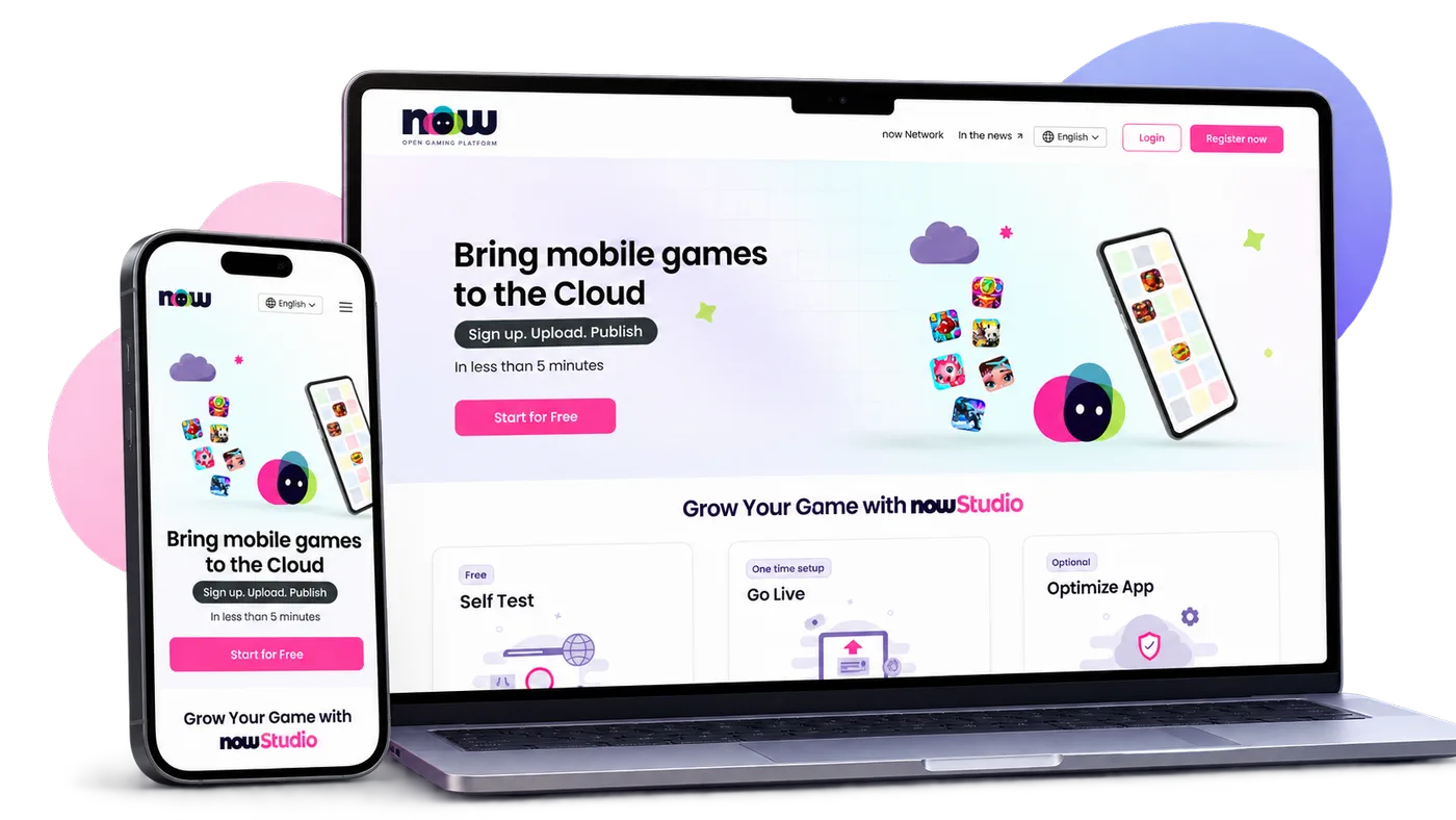 The Now Studio developer platform landing page shown on a laptop beside its mobile layout.