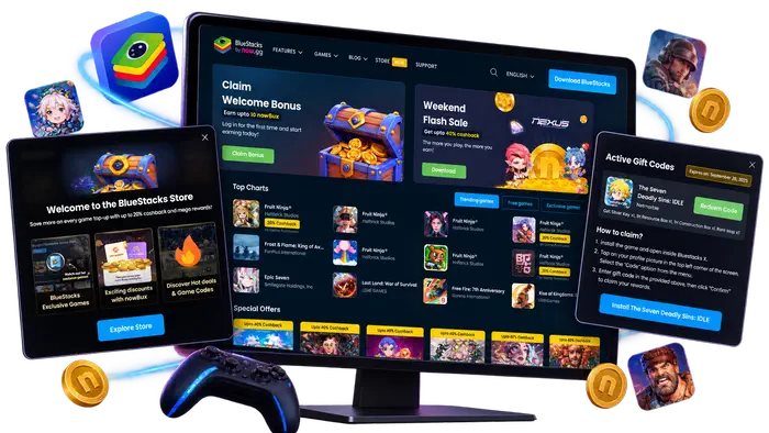 BlueStacks game storefront on a monitor, with a welcome dialog and a gift-code panel floating either side.